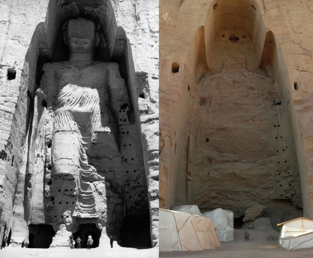 "Taller Buddha of Bamiyan before and after destruction" by Buddha_Bamiyan_1963.jpg: UNESCO/A Lezine; Original uploader was Tsui at de.wikipedia.Later version(s) were uploaded by Liberal Freemason at de.wikipedia.Buddhas_of_Bamiyan4.jpg: Carl Montgomeryderivative work: Zaccarias (talk) - Buddha_Bamiyan_1963.jpgBuddhas_of_Bamiyan4.jpg. Licensed under CC BY-SA 3.0 via Wikimedia Commons - https://commons.wikimedia.org/wiki/File:Taller_Buddha_of_Bamiyan_before_and_after_destruction.jpg#/media/File:Taller_Buddha_of_Bamiyan_before_and_after_destruction.jpg